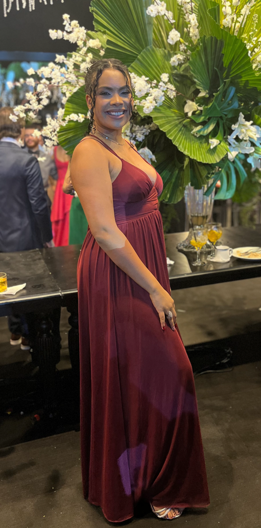 Vestido de festa longo bordô
