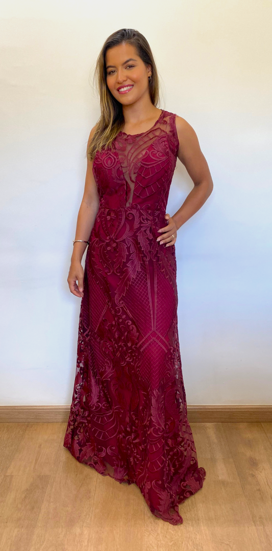 Vestido Longo Marsala com Renda