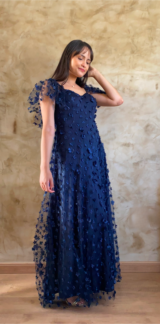 Vestido longo de festa azul marinho com apliques de flores em 3D