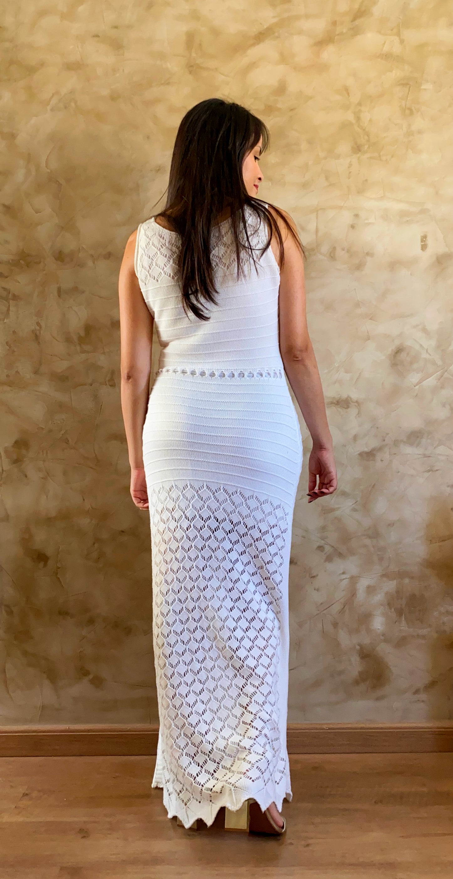 Vestido longo de crochê branco