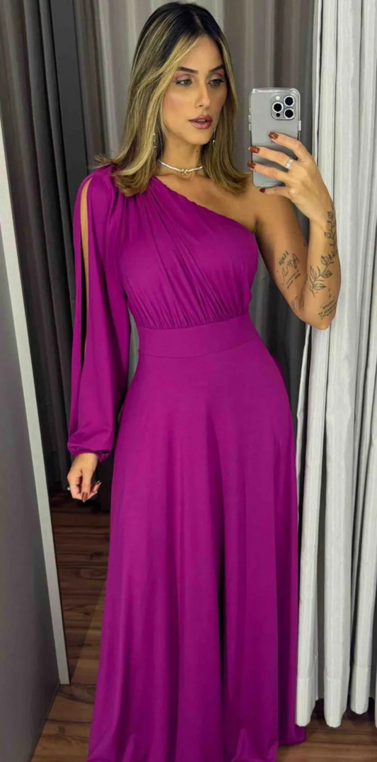 Vestido festa longo fluido fúcsia