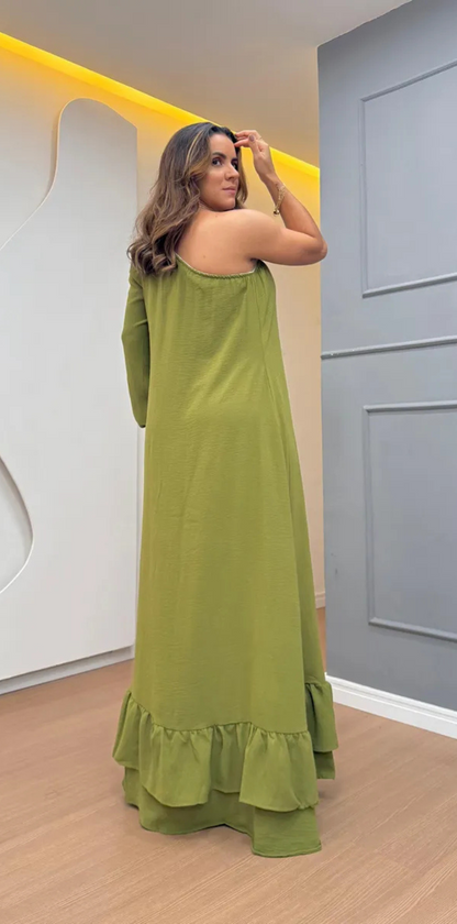 Vestido Longo Manga Longa Casual Madrinha Elegante Verde