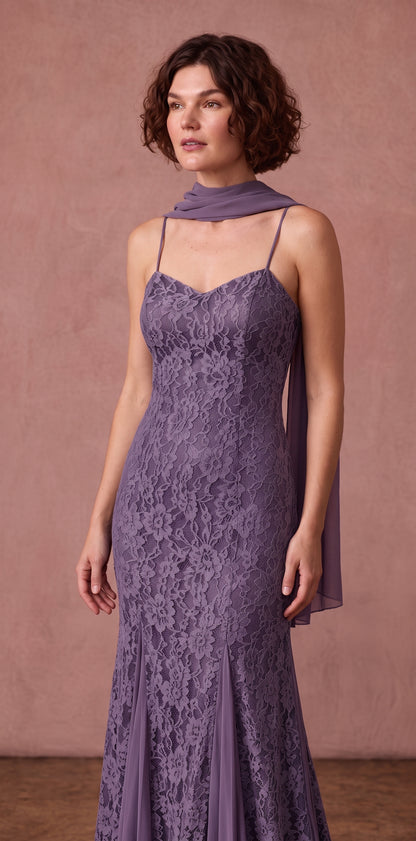 Vestido longo roxo de renda com neck scarf