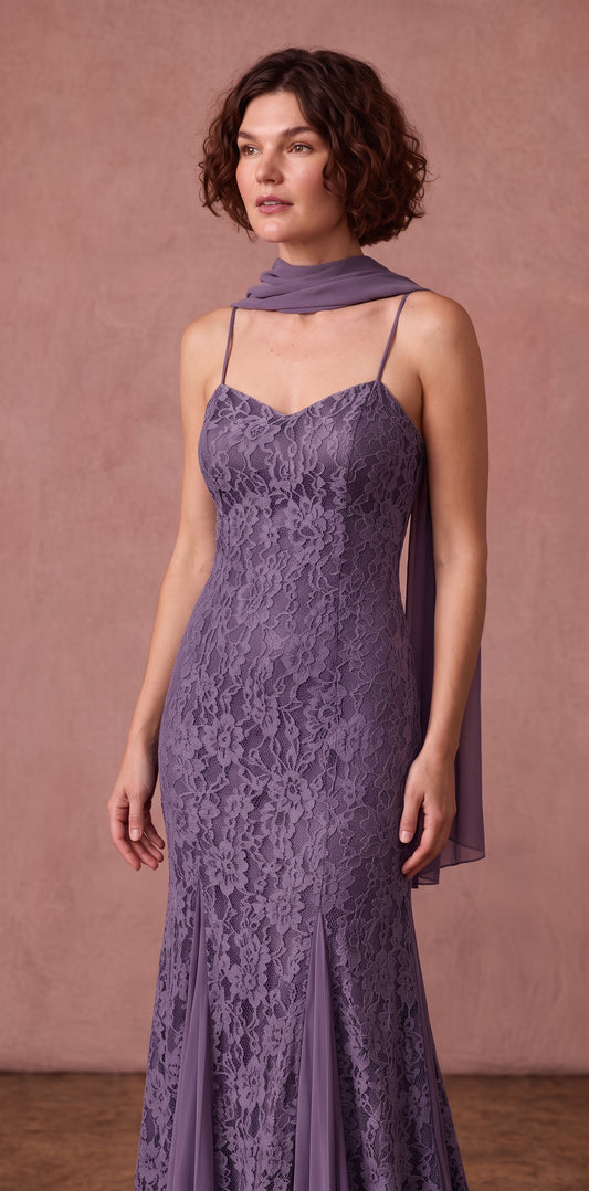 Vestido longo roxo de renda com neck scarf