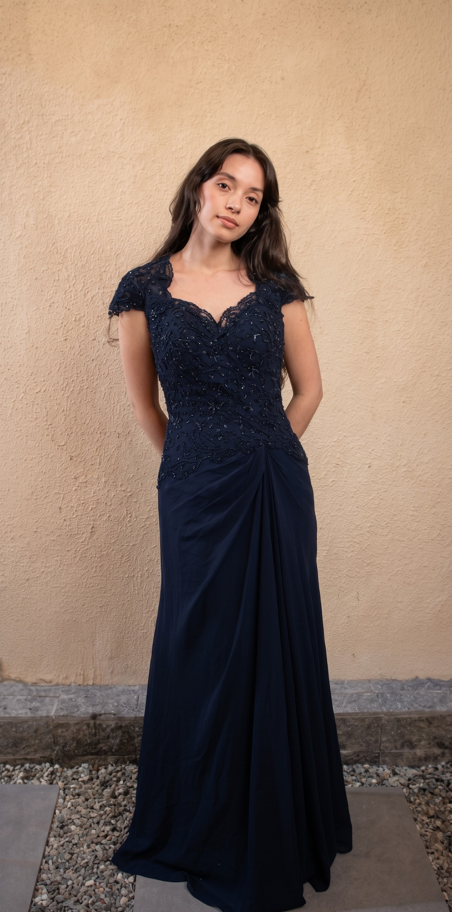 Vestido Longo Azul com Mangas e Grapeado