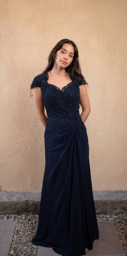 Vestido Longo Azul com Mangas e Grapeado