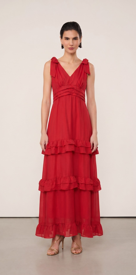 Vestido Vermelho Comprido em Camadas