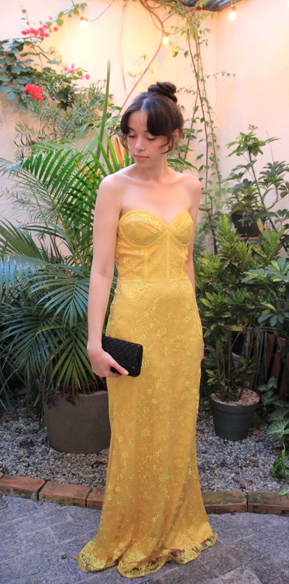 Vestido Longo Renda Amarela Estruturado