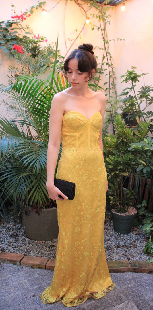 Vestido Longo Renda Amarela Estruturado