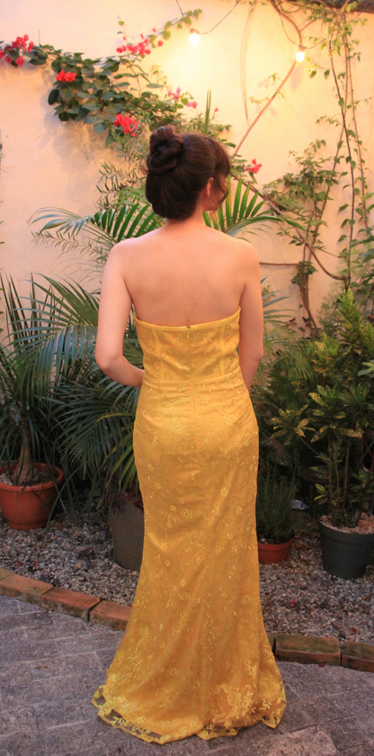 Vestido Longo Renda Amarela Estruturado