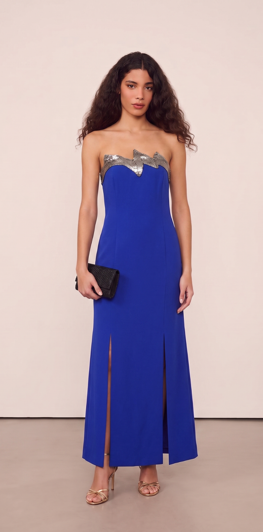 Vestido Azul Tomara que Caia com Bordados Prateados
