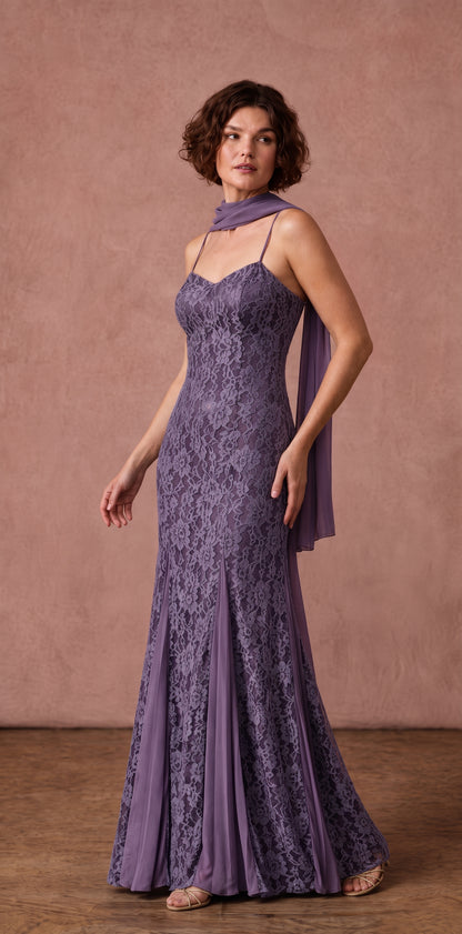 Vestido longo roxo de renda com neck scarf