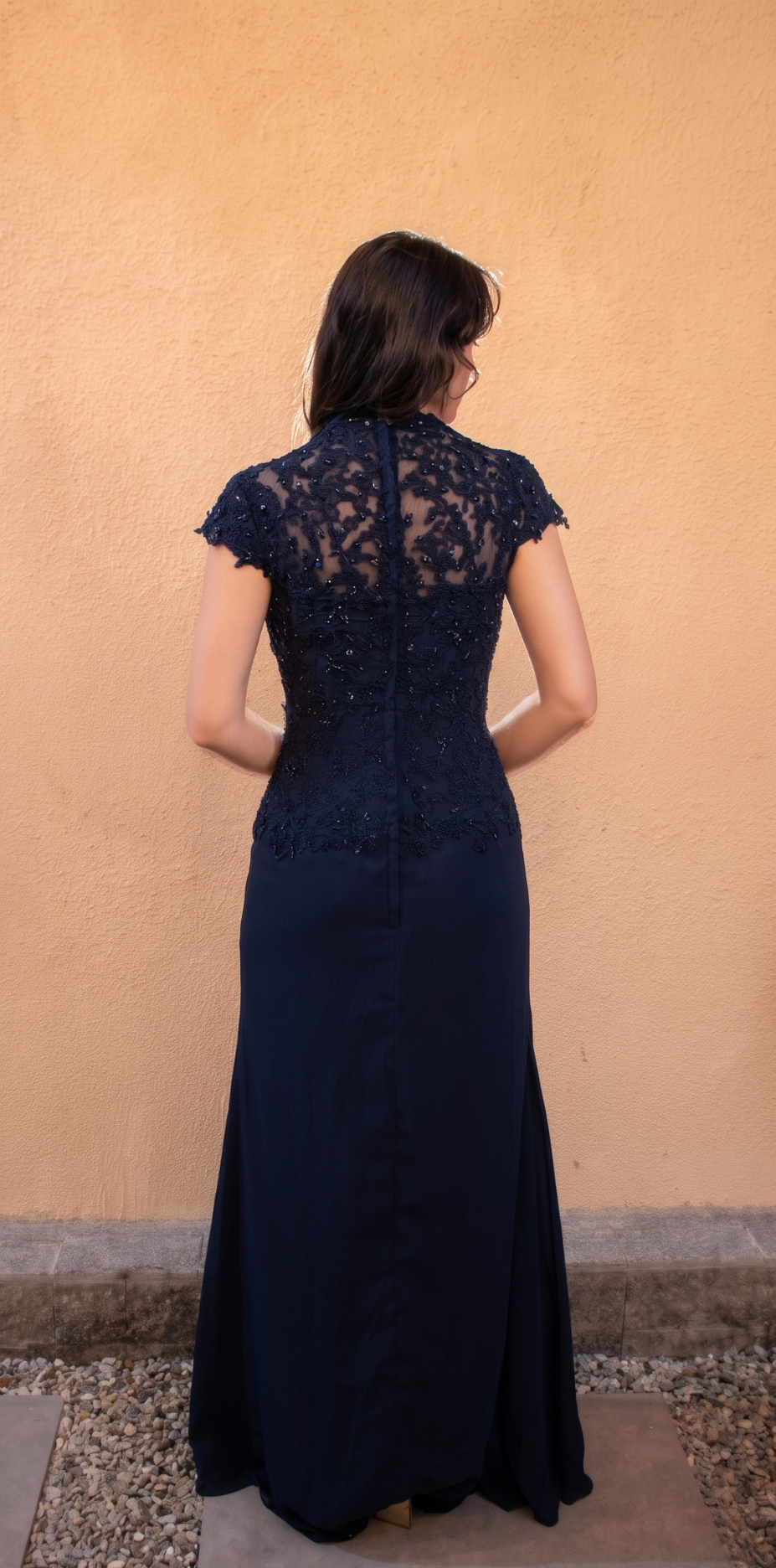 Vestido Longo Azul com Mangas e Grapeado