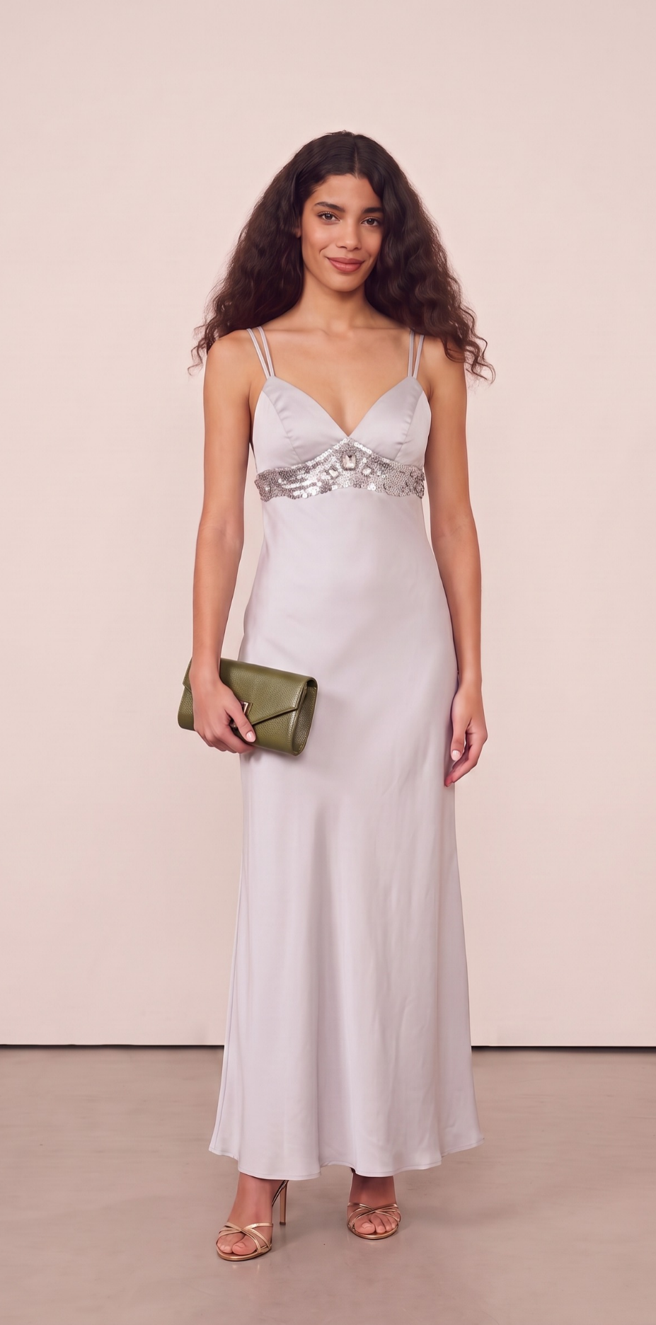 Vestido longo prata de detalhes bordados