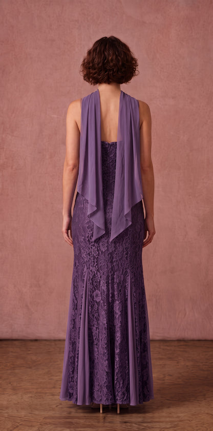 Vestido longo roxo de renda com neck scarf