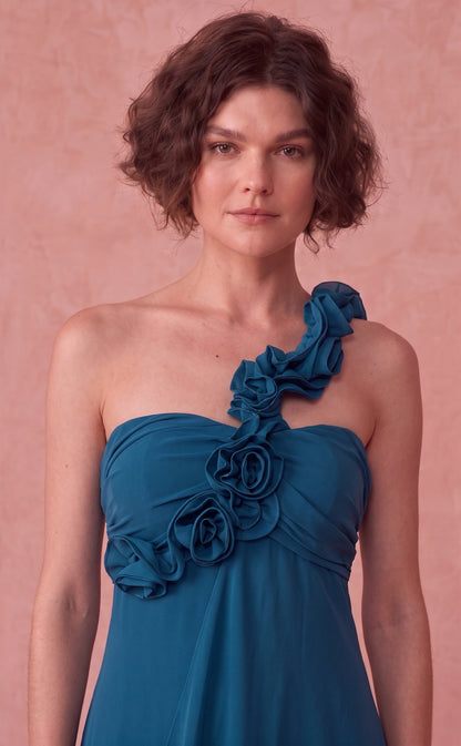 Vestido Longo Azul com Alça Floral