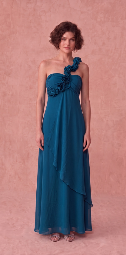 Vestido Longo Azul com Alça Floral