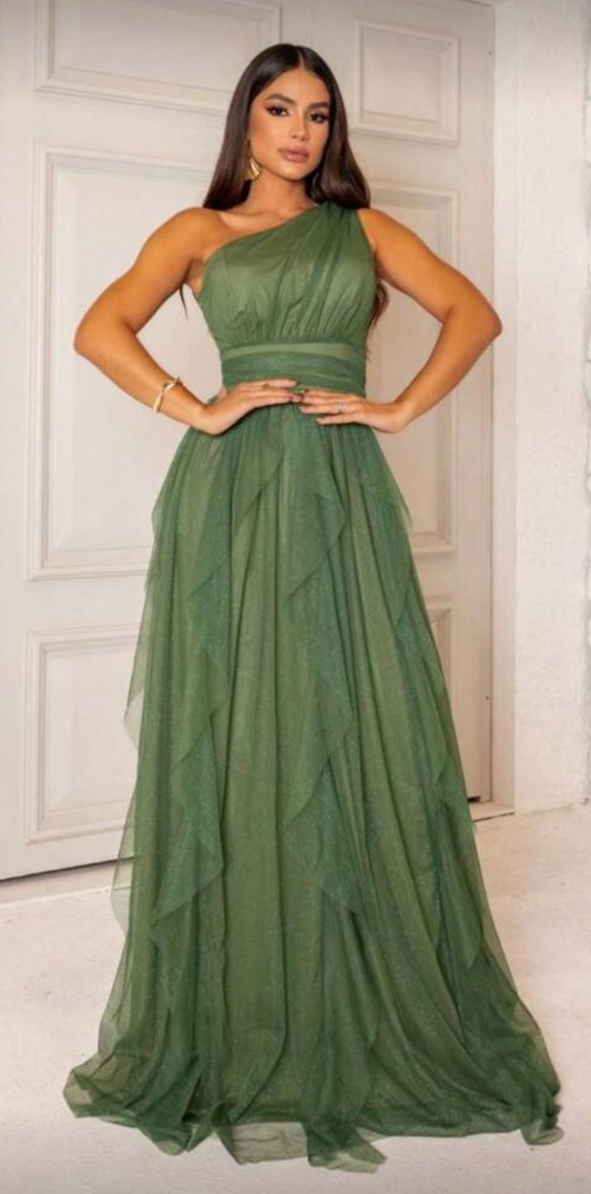 Vestido verde oliva longo assimétrico com tule e brilho sutil