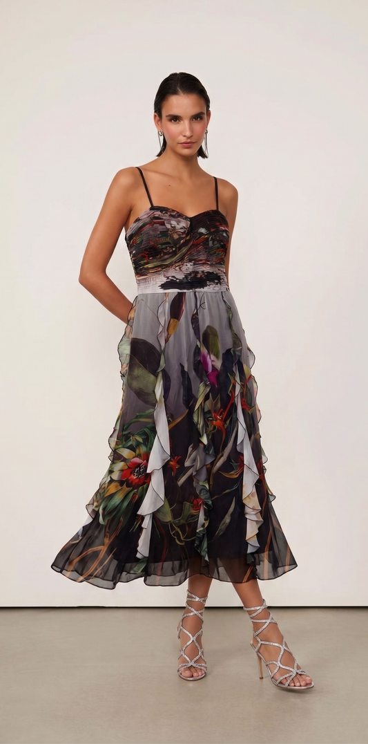 Vestido Longo Floral com Babados