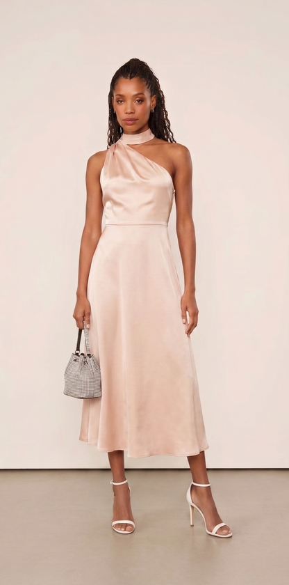 Vestido nude midi ombro único